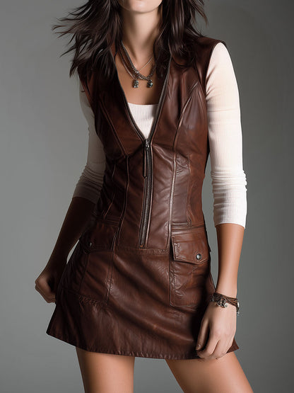 Chocolate Brown Eco Leather Zip-Front Mini Dress With Utility Pockets