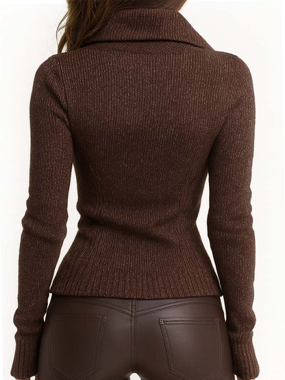 Brown Asymmetrical Zip Ribbed Knit Jacket