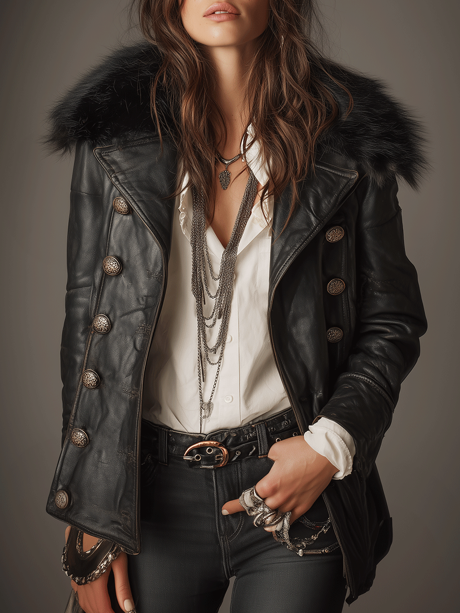 Retro Military Leather Faux Fur Collar Black Leather Longline Jacket