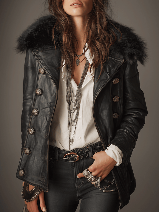 Retro Military Leather Faux Fur Collar Black Leather Longline Jacket