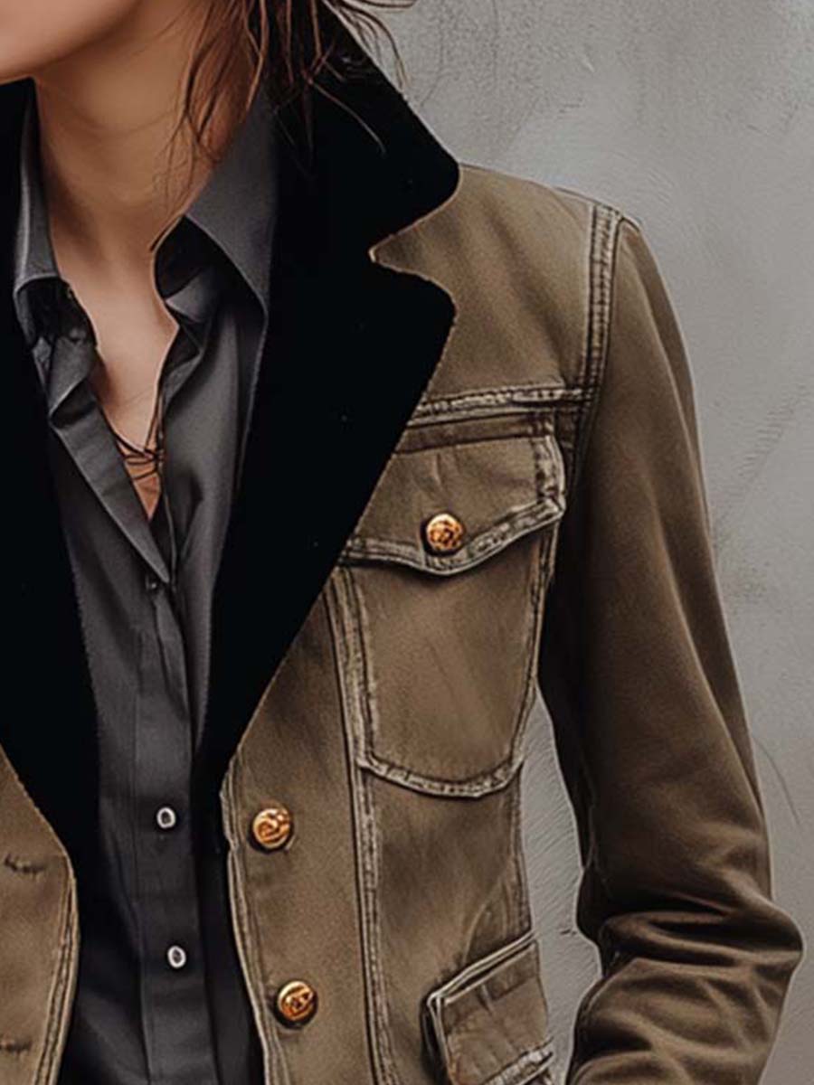 Vintage Utility Khaki Blazer With Black Contrast Lapel