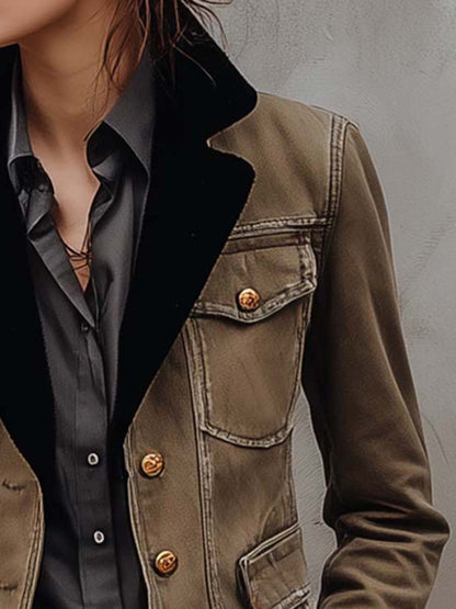 Vintage Utility Khaki Blazer With Black Contrast Lapel