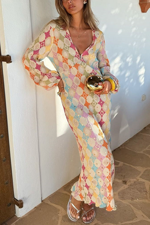 Yolanda® | V-Neck Lantern Sleeves Geometric Print Maxi Dress