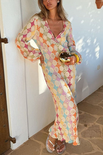 Yolanda® | V-Neck Lantern Sleeves Geometric Print Maxi Dress