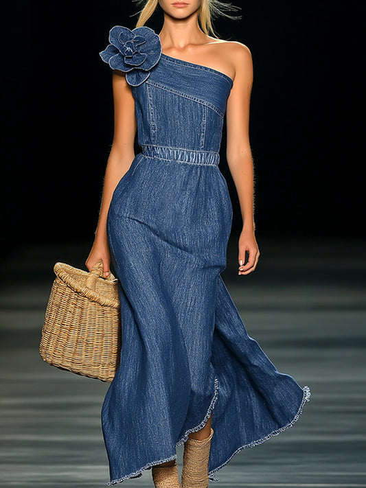 【24-hour shipping out】Elegant Strapless Denim 3D Floral Maxi Dress