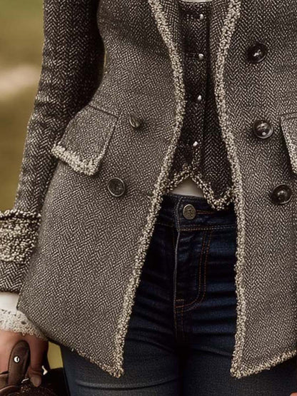 Herringbone Tweed Blazer With Contrast Trim