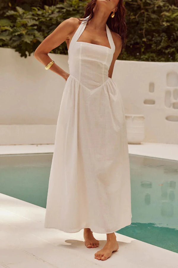 Yolaina® | Sexy plain sleeveless dresses with pocket pleats and halterneck