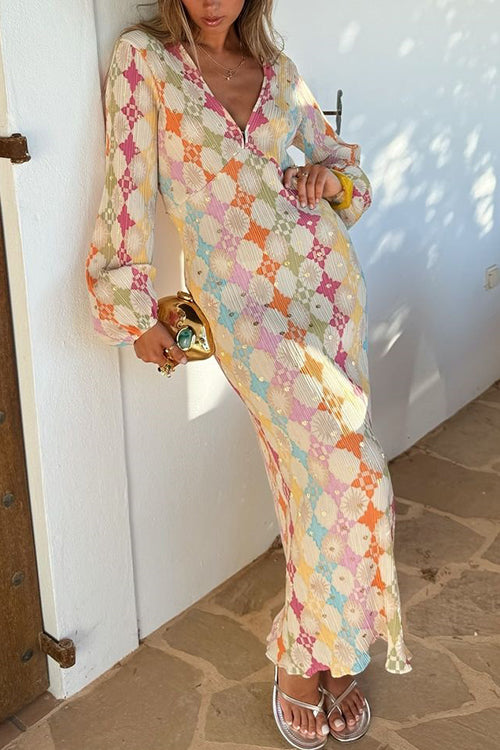 Yolanda® | V-Neck Lantern Sleeves Geometric Print Maxi Dress