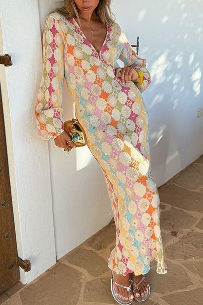 Yolanda® | V-Neck Lantern Sleeves Geometric Print Maxi Dress