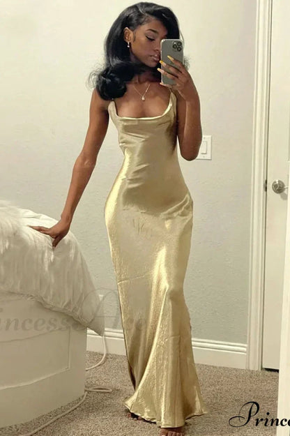 Classy Cowl Neck Tie String Classic Silky Slip Maxi Dress