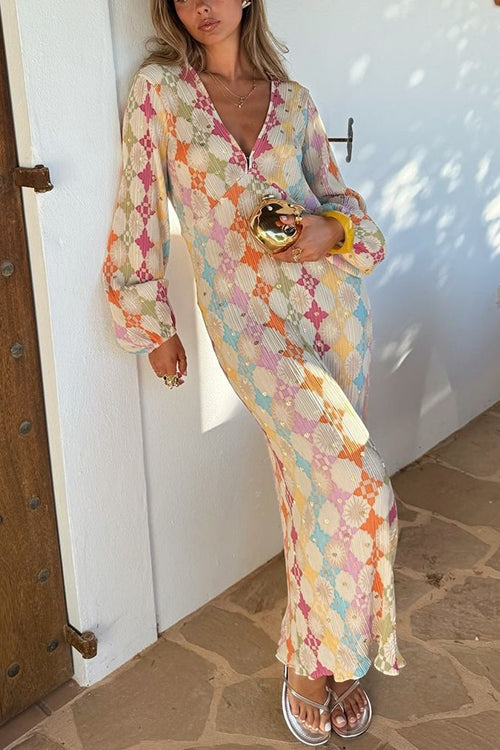 Yolanda® | V-Neck Lantern Sleeves Geometric Print Maxi Dress