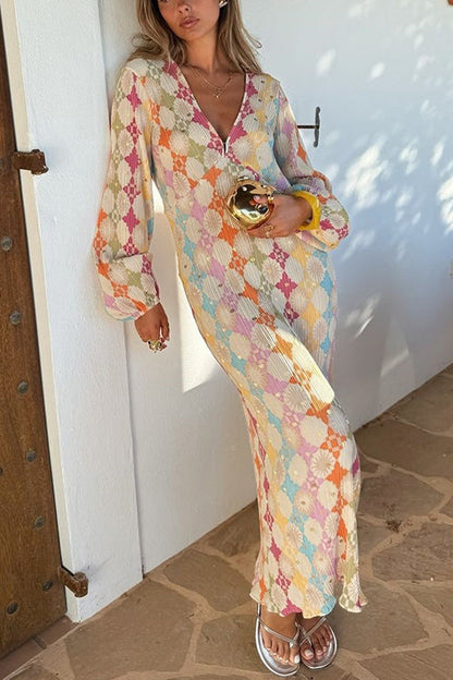 Yolanda® | V-Neck Lantern Sleeves Geometric Print Maxi Dress