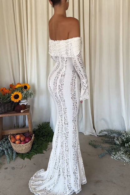 Leila® | Off Shoulder Floral Lace Flared Sleeve Fishtail Maxi Dress - White