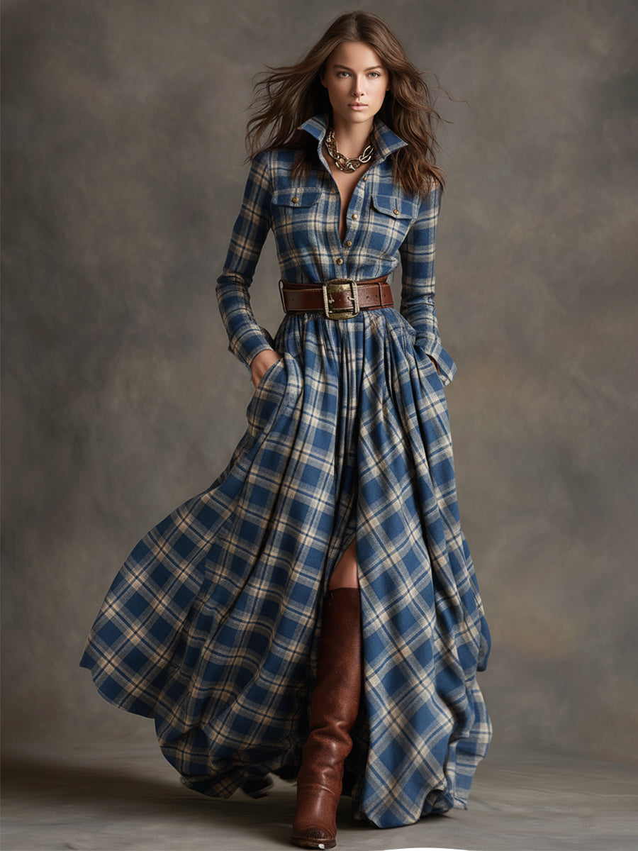 Retro Ethnic Style Lapel Reddish Brown Plaid Maxi Dress