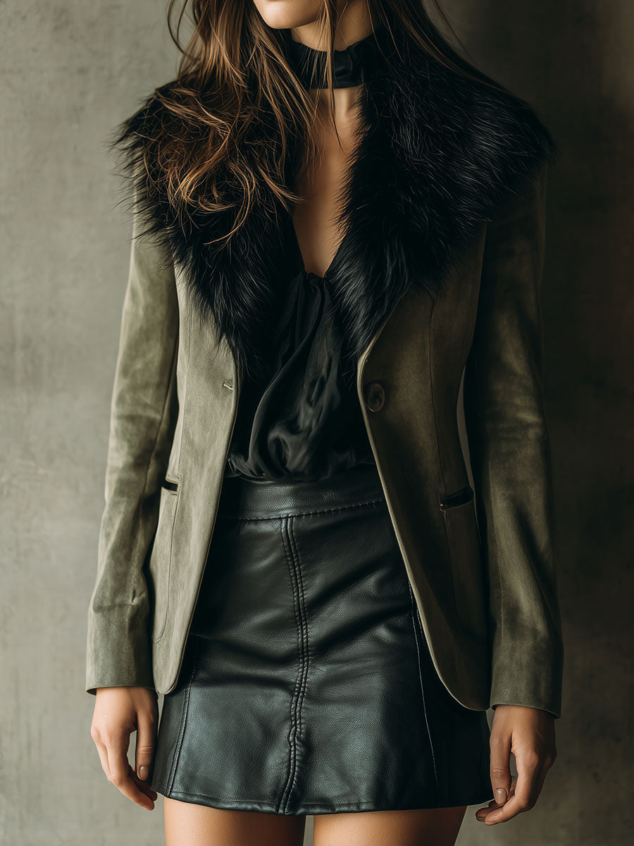 Vintage Olive Microsuede Jacket With Eco Fur Collar