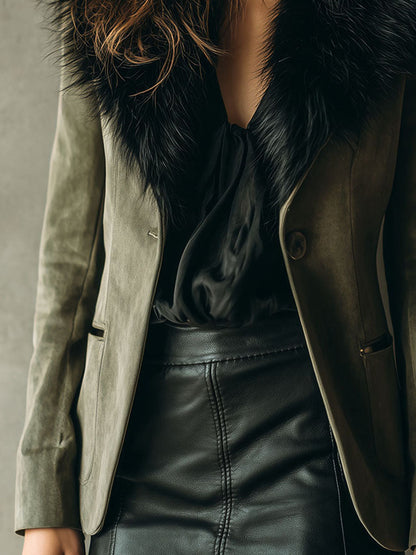 Vintage Olive Microsuede Jacket With Eco Fur Collar