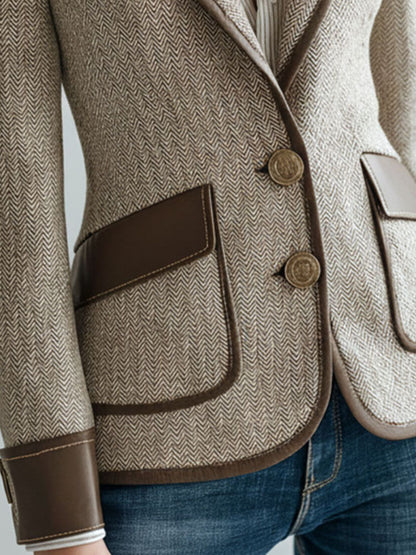 Vintage Herringbone Tweed Eco Leather Trim Tailored Jacket