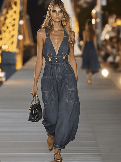 【24-hour shipping out】Fashion Personality Loose V-neck Suspender Denim Jumpsuit