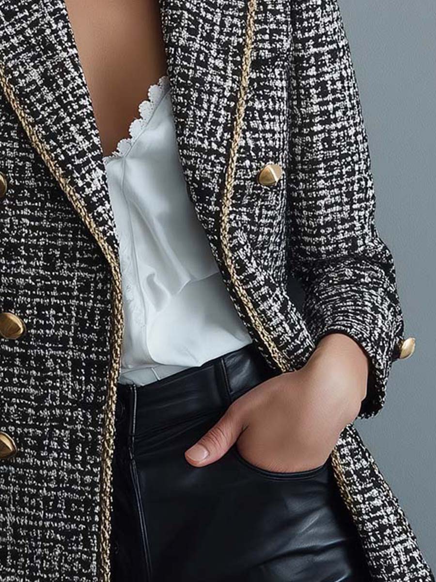 Tweed Double-Breasted Blazer With Gold Trim
