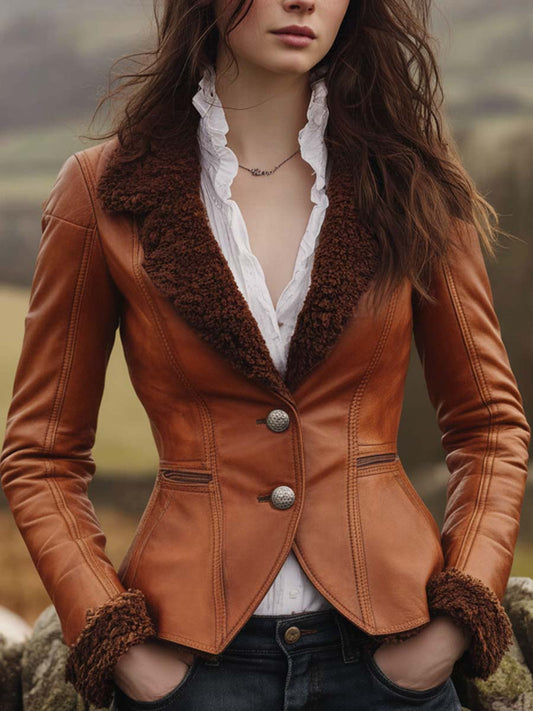 Vintage Shearling-Trim Fitted Leather Blazer