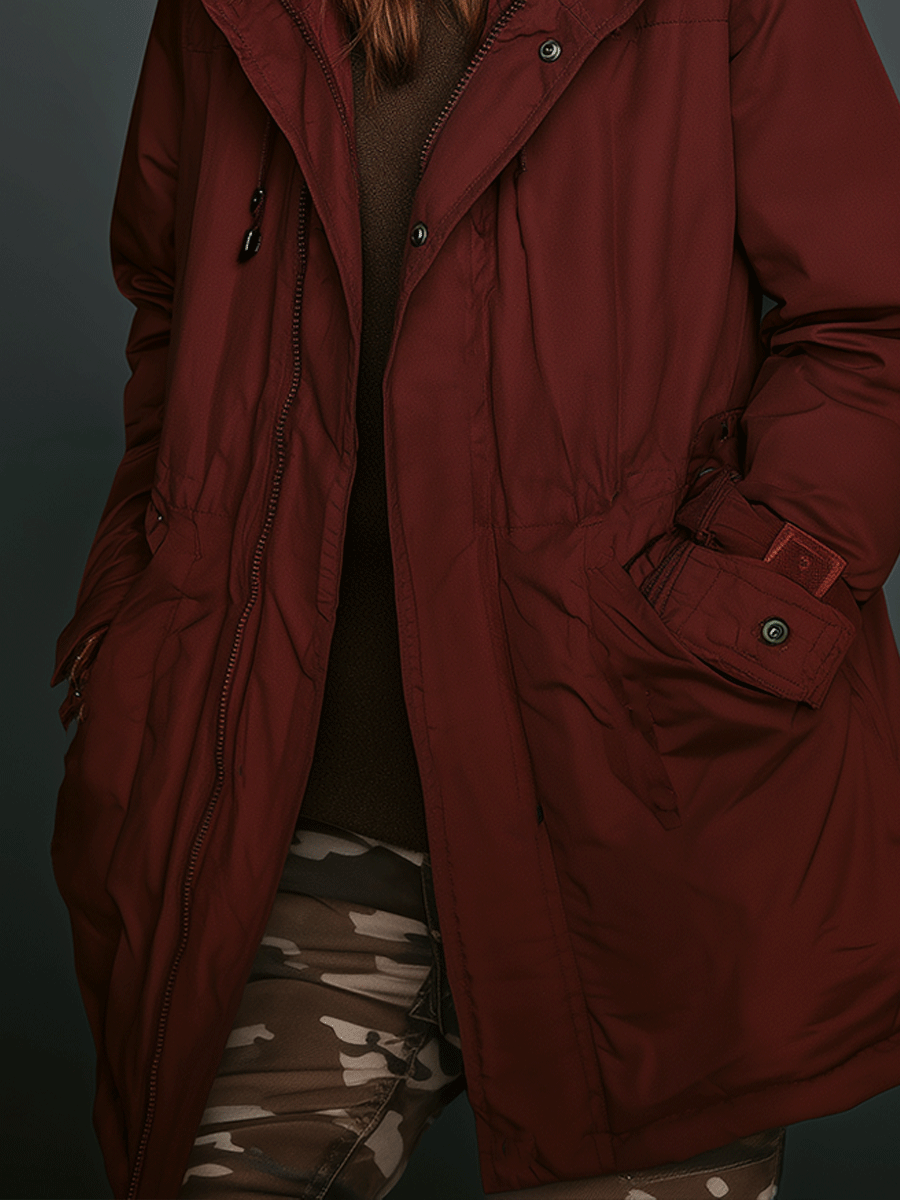Vintage-Inspired Burgundy Utility Parka Jacket