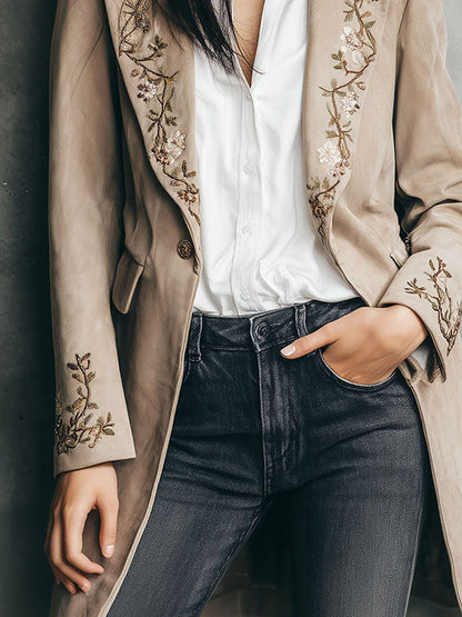 Vintage Floral Embroidery Beige Long Tailored Jacket