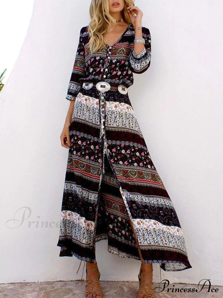 3/4 with V and Full-Length Bohemia Gown Flowered Sleeves Chiffon Neck