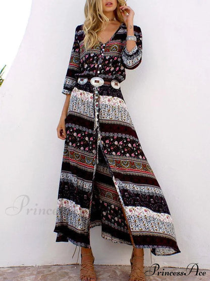 3/4 with V and Full-Length Bohemia Gown Flowered Sleeves Chiffon Neck