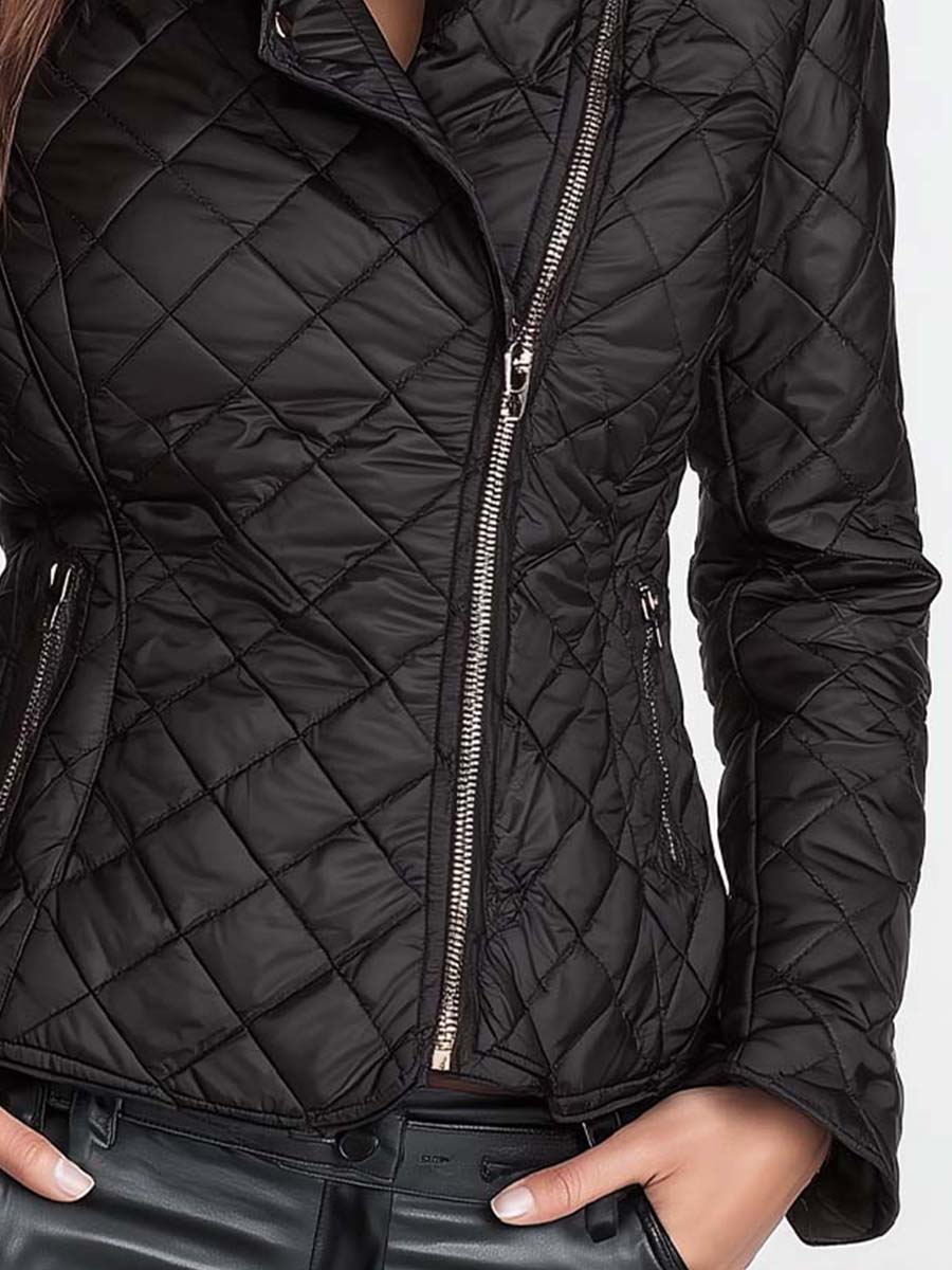Stylish Waist-Cinched Diamond Quilted Padded Jacket
