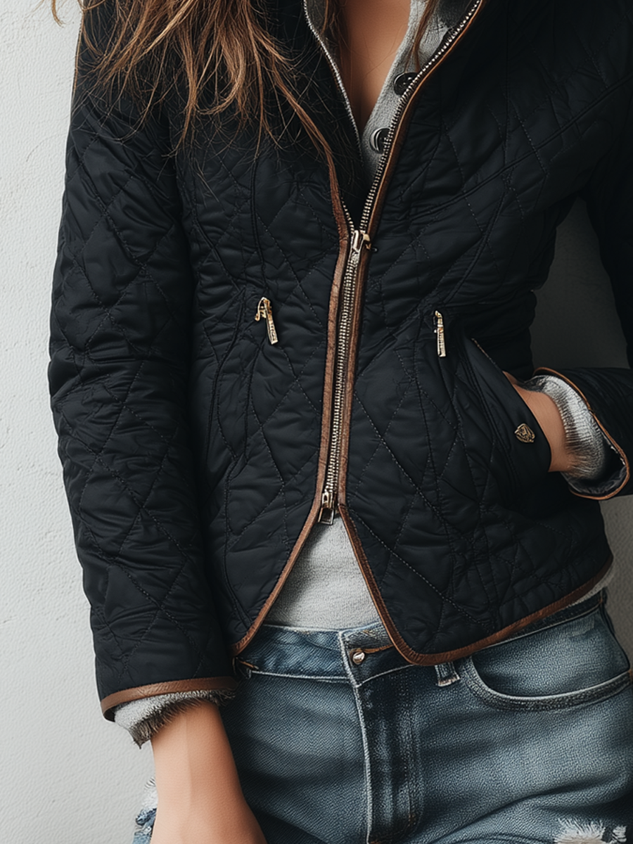 Retro Contrast Trim Quilted Zipper Jacket