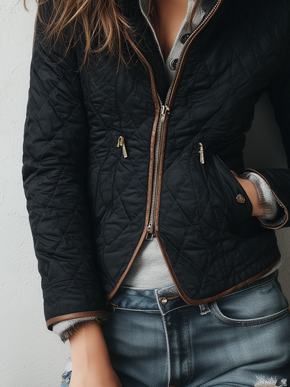 Retro Contrast Trim Quilted Zipper Jacket