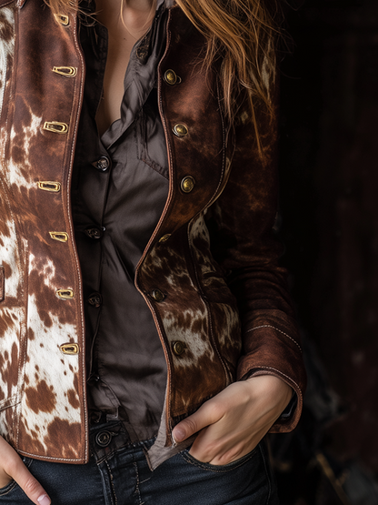 Vintage Button Cow Skin Printed Faux Suede Jacket