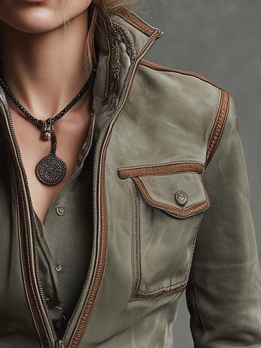 Vintage Military-style Microsuede Jacket With Leather Trim