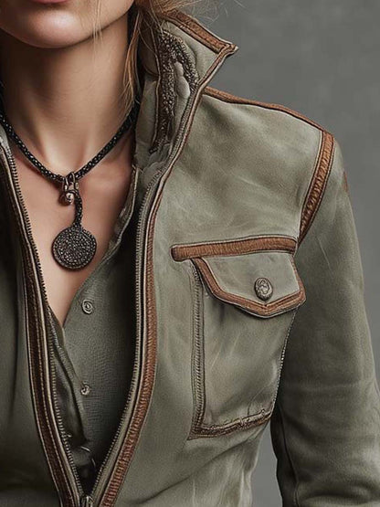 Vintage Military-style Microsuede Jacket With Leather Trim