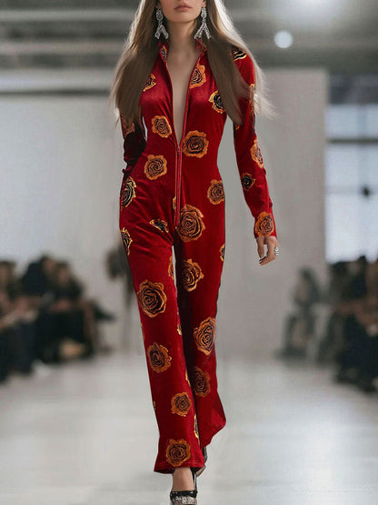Casual Loose Retro Red Velvet Gold Rose Printed Zipper Long Sleeve Jumpsuit