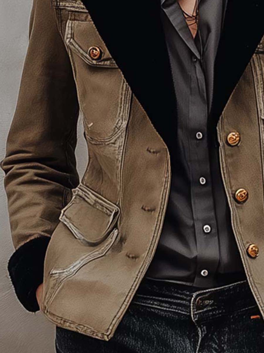 Vintage Utility Khaki Blazer With Black Contrast Lapel