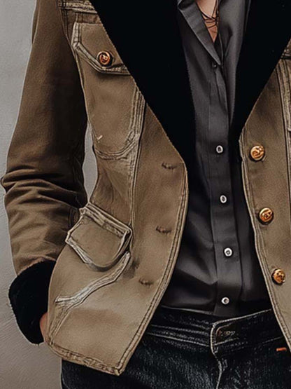 Vintage Utility Khaki Blazer With Black Contrast Lapel