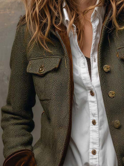 Vintage Herringbone Tweed Blazer With Velvet Trim