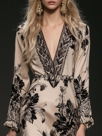 Elegant Bohemian Style V-neck Tassel Floral Print Beige Satin Maxi Dress