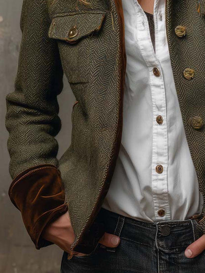 Vintage Herringbone Tweed Blazer With Velvet Trim