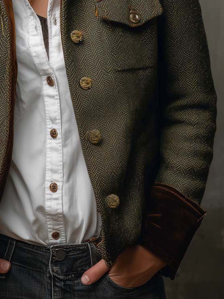 Vintage Herringbone Tweed Blazer With Velvet Trim
