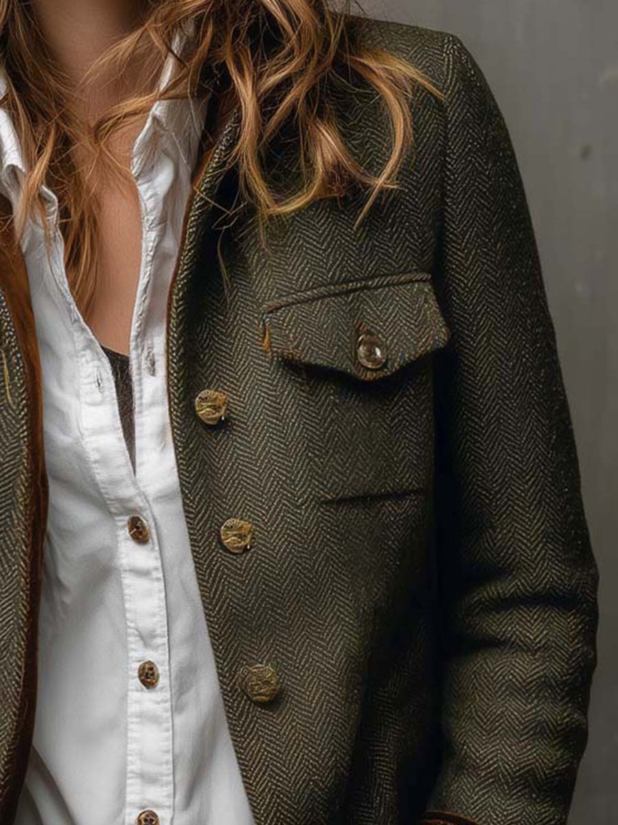Vintage Herringbone Tweed Blazer With Velvet Trim