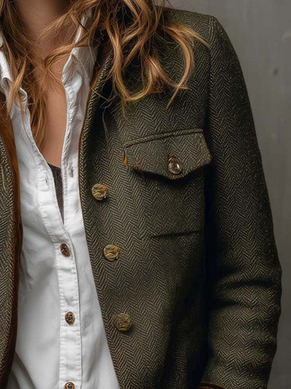 Vintage Herringbone Tweed Blazer With Velvet Trim