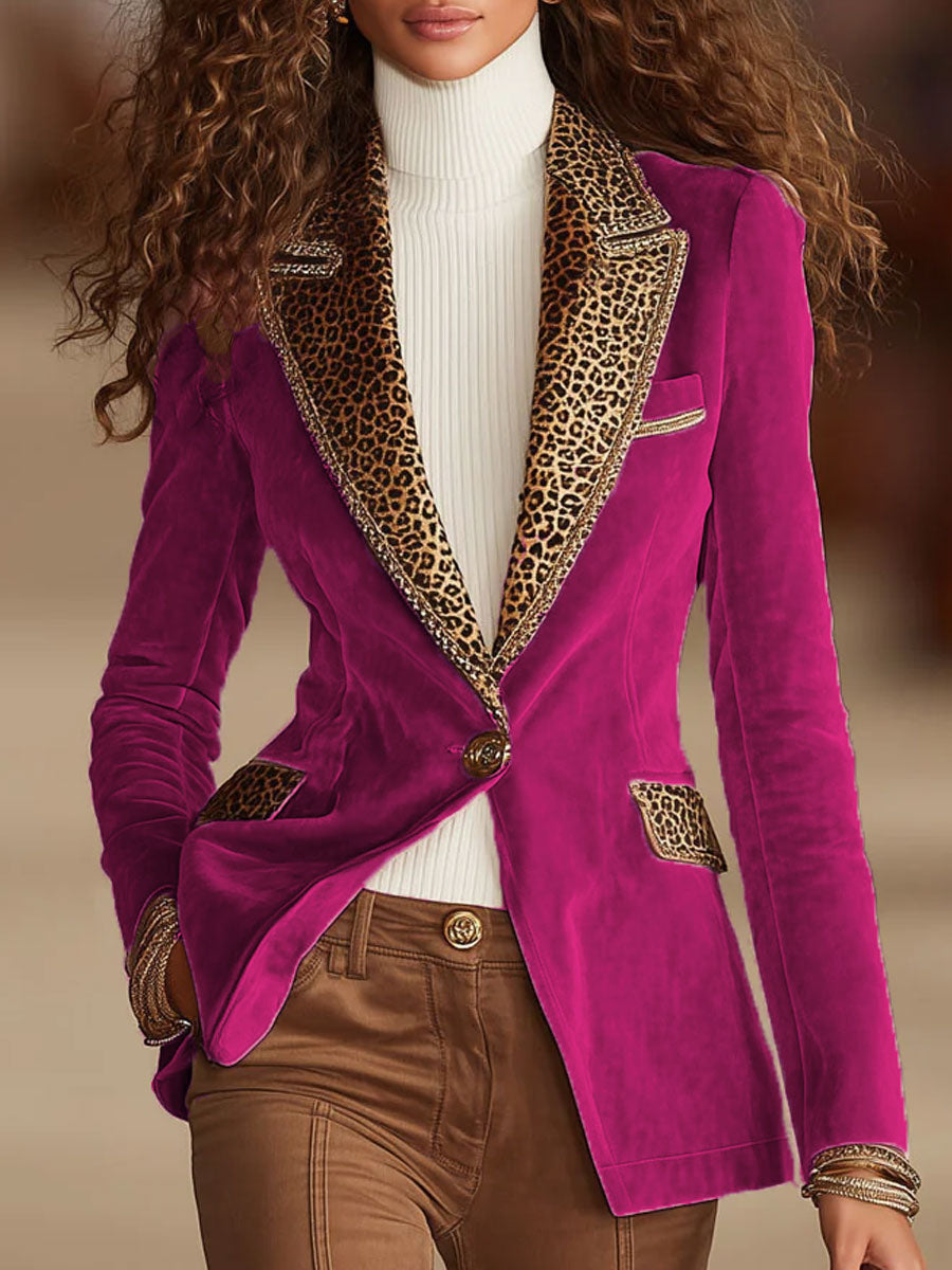 Pink Velvet Stitching Leopard Print One Button Blazer