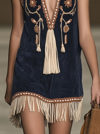 【24-hour shipping out】Casual Loose Vintage Suede Bohemian Embroidered Tassel Sleeveless Mini Dress