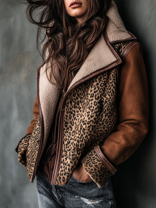 Brown Microsuede Leopard Print Shearling Jacket With Leather Trim