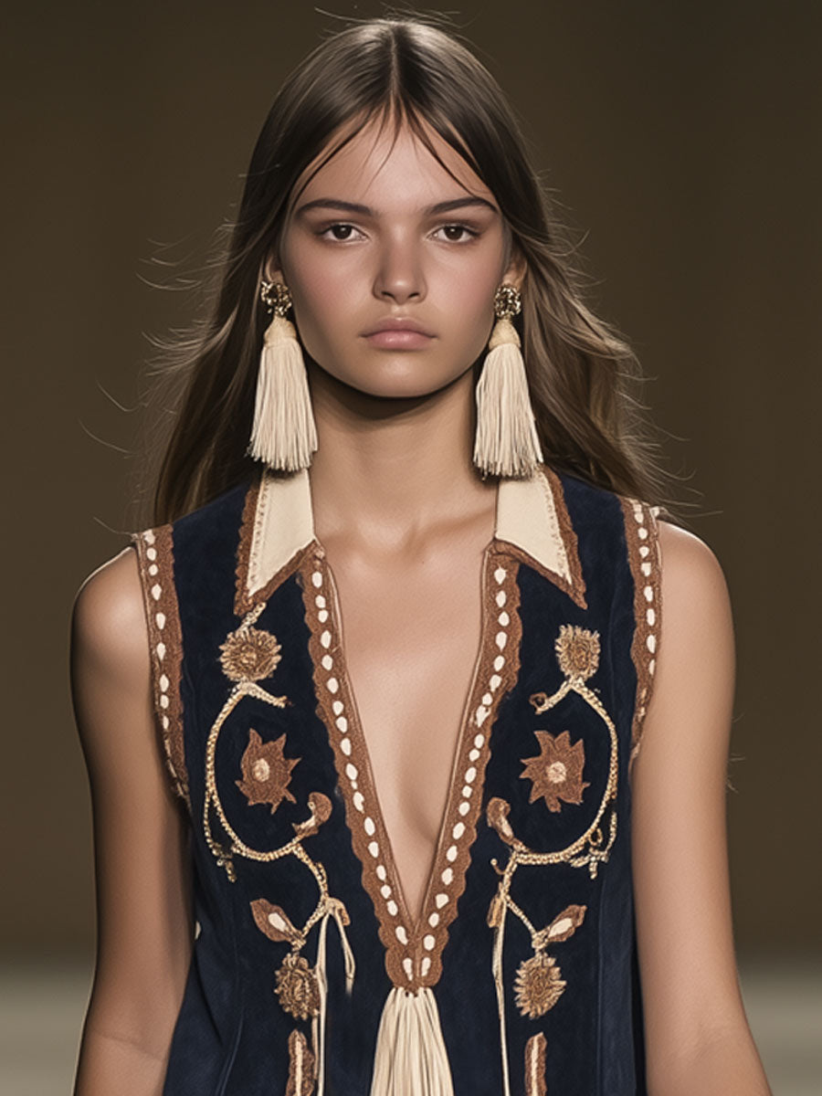 【24-hour shipping out】Casual Loose Vintage Suede Bohemian Embroidered Tassel Sleeveless Mini Dress