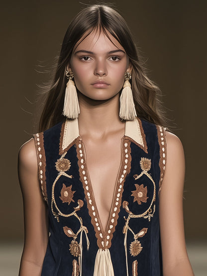 【24-hour shipping out】Casual Loose Vintage Suede Bohemian Embroidered Tassel Sleeveless Mini Dress