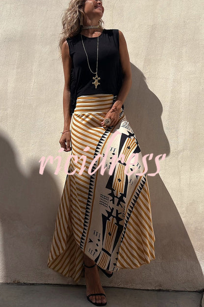 Eva Satin Geometric Print Elastic Waist Maxi Skirt