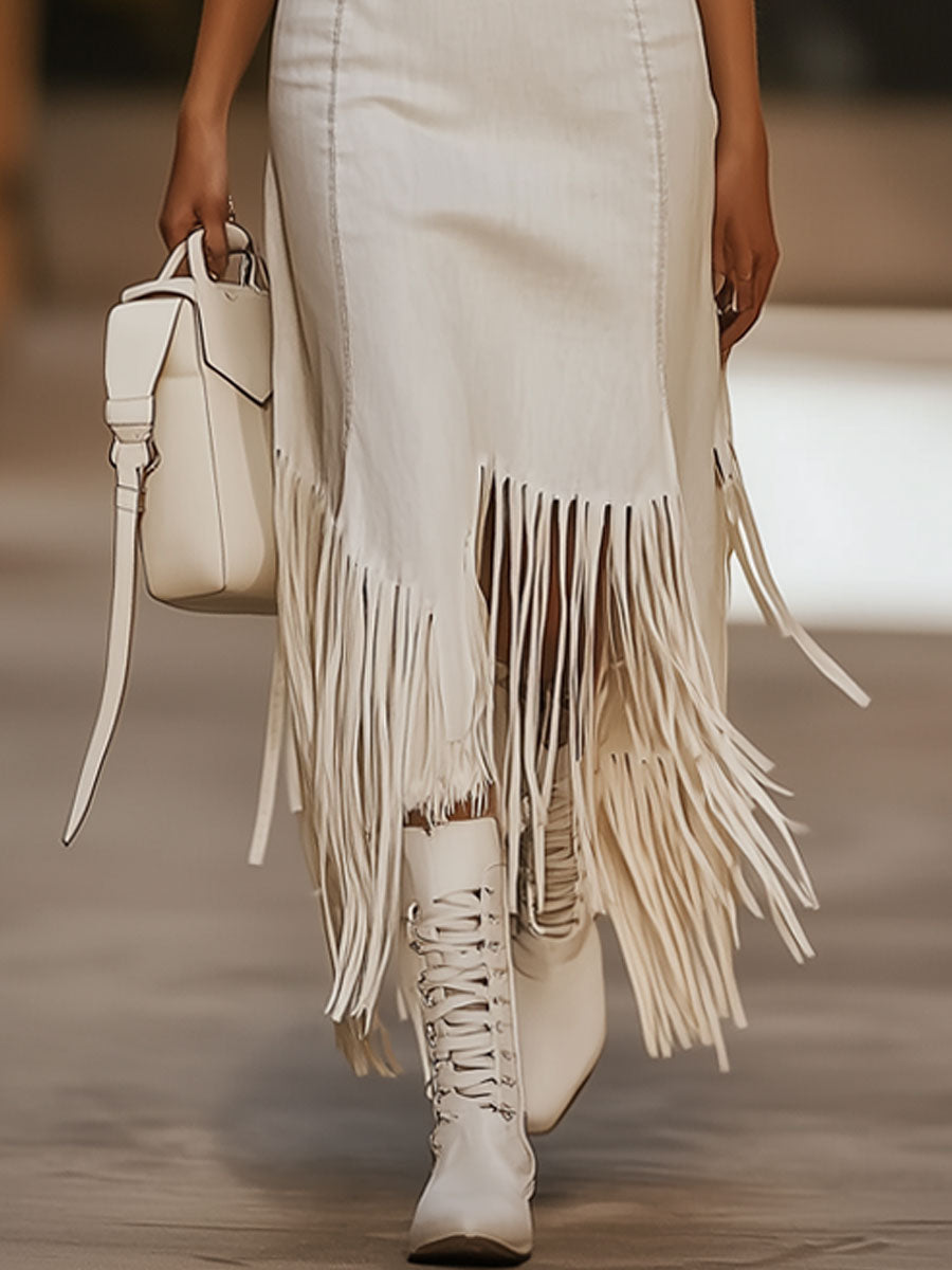 【24-hour shipping out】Casual Vintage Brown Embroidery White Denim Sleeveless Tassel Midi Dress